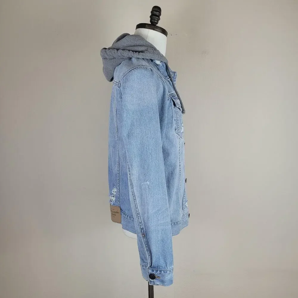 Abercrombie & Fitch Jacket Men Small Blue Denim Hooded Distressed Trucker Casual